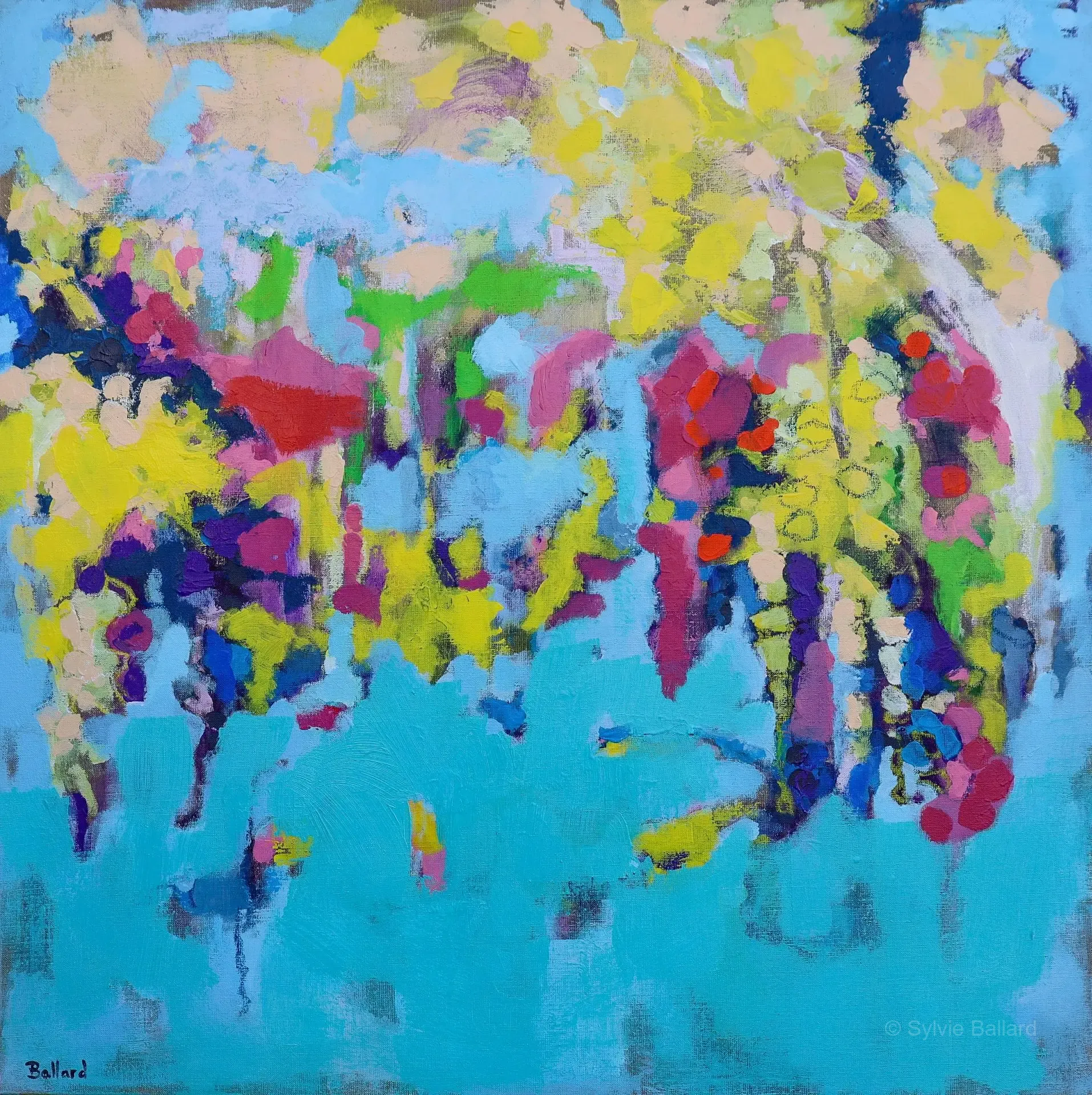 Reflets tremblants - Reflets tremblants : tableau impressionniste moderne fleurs et eau, style Giverny.