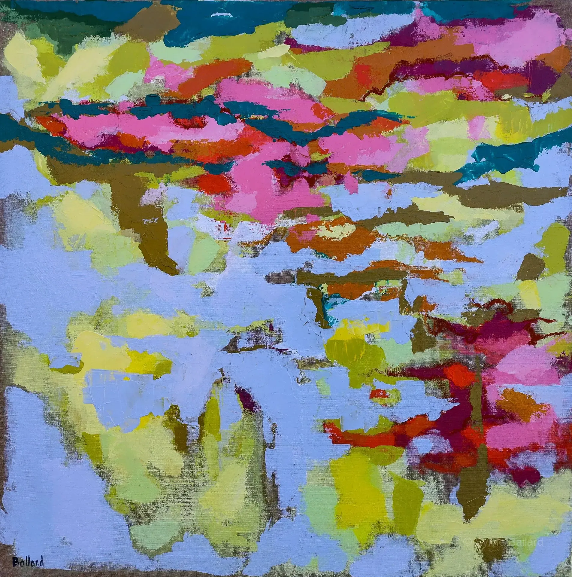 Rêve sur l'eau - Rêve sur l'eau : tableau bleu et vert évoquant la sérénité aquatique, Sylvie Ballard.